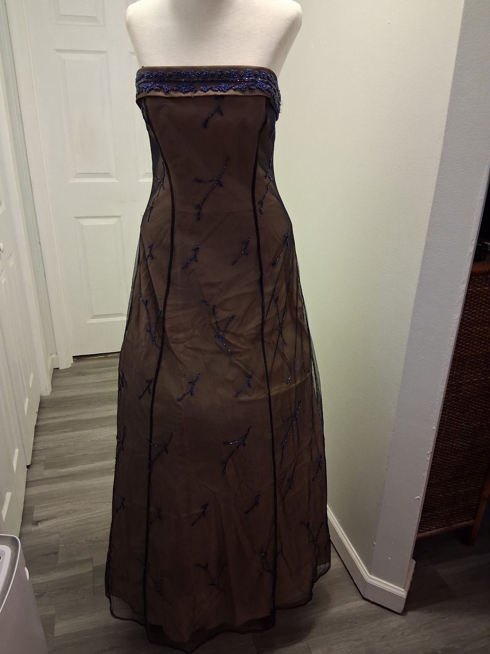 Morgan & Co. Strapless Brown Gown with Navy Beading